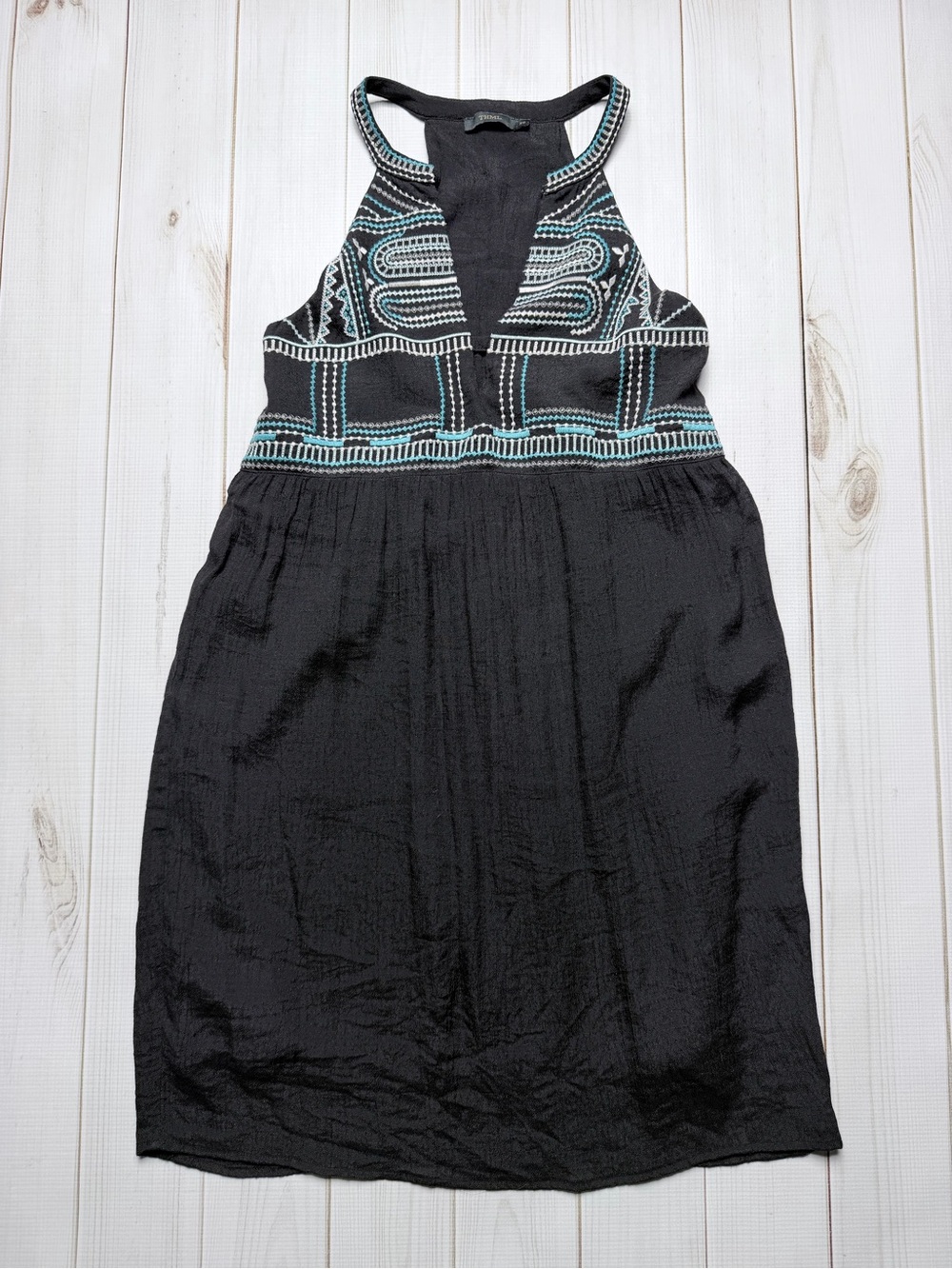 THML Black Mini Dress with Teal and White Embroidery